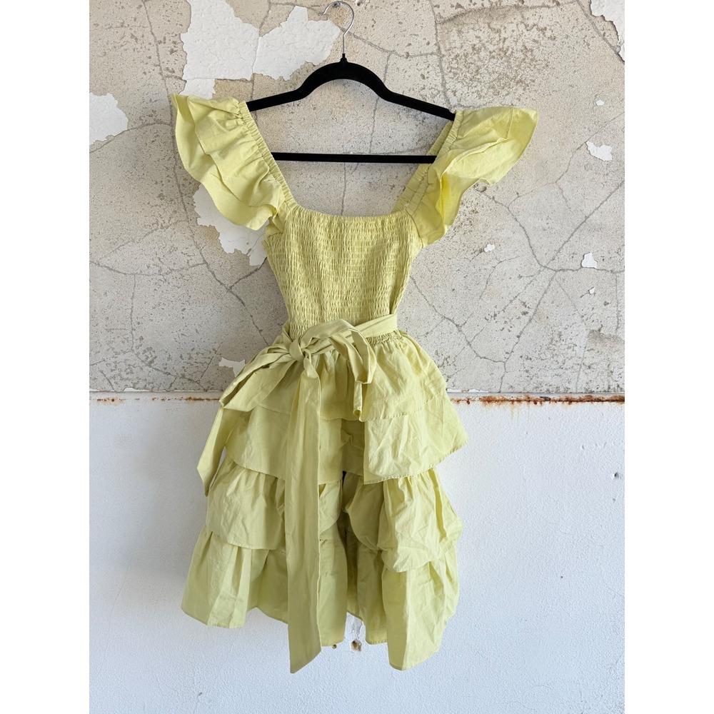 Mable Dress Tiered Ruffle Mini Smocked Bodice Flutter Sleeve Cotton Sun Dress S